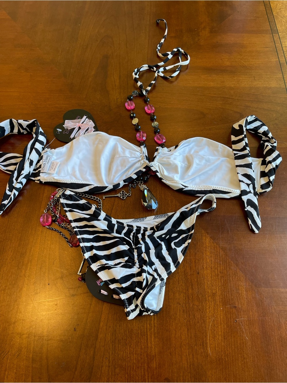 NWT beach bunny bikini set XL top, S bottoms Zebra and hot pink beads - Picture 7 of 15